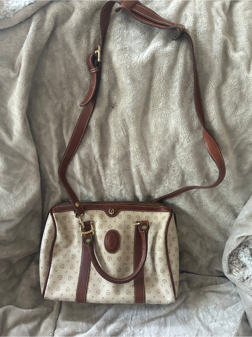 Pollini Satchel Bag Purse Brown Vintage Italian Leather Monogram Double Handle - Picture 2 of 12